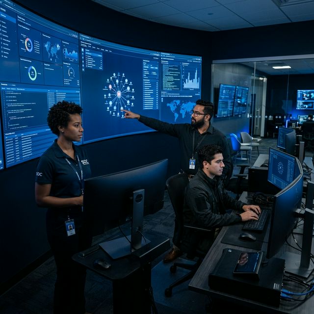 Equipo de ciberseguridad Olorun analizando amenazas en centro de operaciones