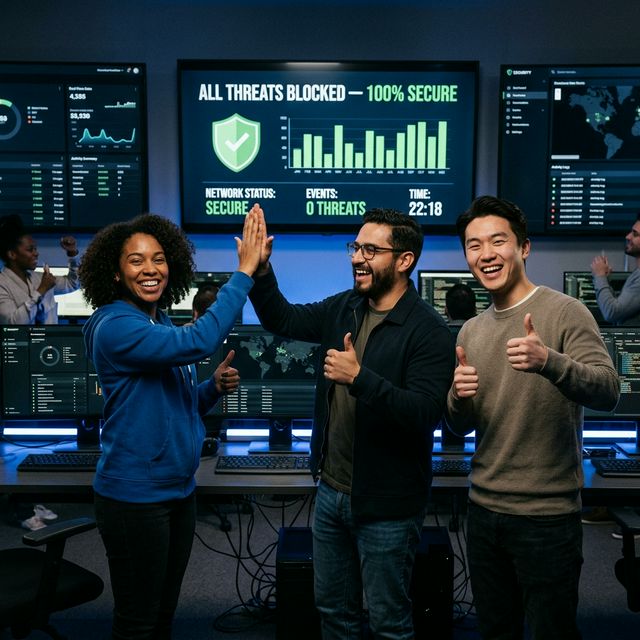 Equipo Olorun celebrando después de bloquear todas las amenazas — 100% Secure